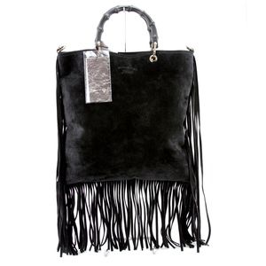 GUCCI Black Bamboo Suede Fringe Shopper Tote Bag